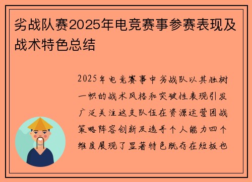 劣战队赛2025年电竞赛事参赛表现及战术特色总结