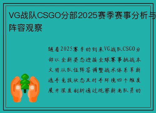 VG战队CSGO分部2025赛季赛事分析与阵容观察